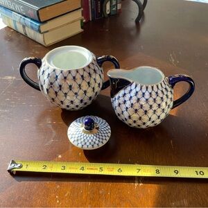 Blue and White Net Bone China Creamer and Sugar Russian Porcelain Lomonosov